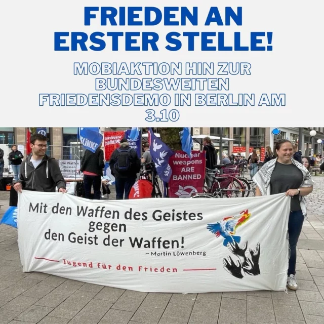 Frieden an erster Stelle!
Das wirken für zivile Entwicklung und die damit verbundene Kultur der Gewaltlosigkeit, Konkurrenzablehnung, emphatisches Verständnis und kooperative Entwicklung ist der wesentlichste Kampf in dieser Zeit und gleichzeitig wirksamste Kontra gegen Rechts.
In diesem Sinne fahren viele Friedensbewegte am 03.10.2024 nach Berlin um für Frieden auf die Straße zu gehen.
Als Linksjugend solid Hamburg wollen wir am Samstag dazu am Samstag auf dem Jungfernstieg mit Material und Gesprächen mobilisieren. 
Von 11-15 Uhr wollen wir mit einem Infotisch Alle einladen und bewegen mit nach Berlin zu fahren um unter dem Motto „Nein zu Krieg und Hochrüstung! Ja zu Frieden und internationaler Solidarität“ auf die Straße zu gehen.
Kommt gerne dazu!  https://archiv.frieden-und-zukunft.de/userfiles/pdf/2024/2024-10-03_Aufruf_Demo.pdf